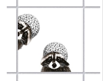 Tile stickers raccoons with bathing caps Peek-a-boo tile stickers wall stickers 15 cm x 15 cm white