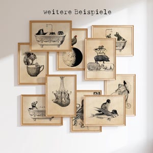 May include: A collection of black and white illustrations framed in brown wood. The illustrations feature various animals, including a squirrel, a pig, a cat, a fish, and a sloth. The text "weitere Beispiele" is visible at the top of the image.