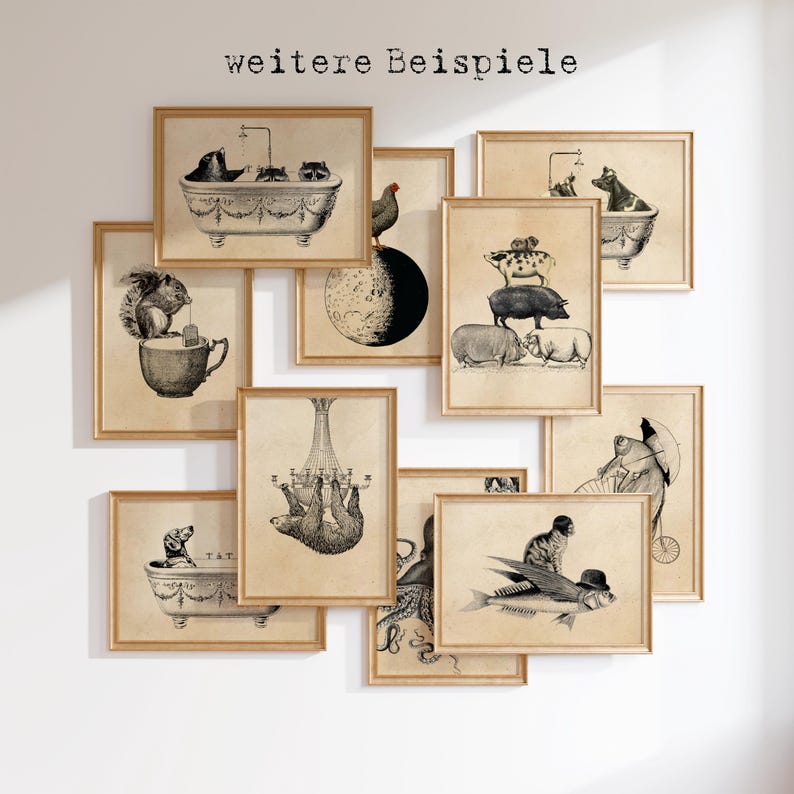May include: A collection of black and white illustrations framed in brown wood. The illustrations feature various animals, including a squirrel, a pig, a cat, a fish, and a sloth. The text "weitere Beispiele" is visible at the top of the image.