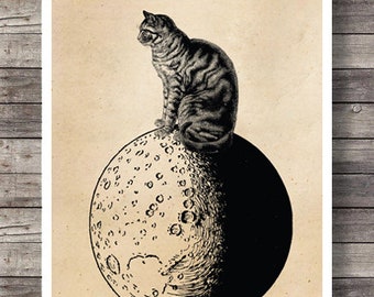 Vintage Print Chat sur la Lune Collage No.1 Affiche Lexique Décoration Murale