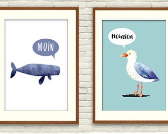 Set Moin Whale Seagull Prints A4 Watercolor Maritime Poster Set