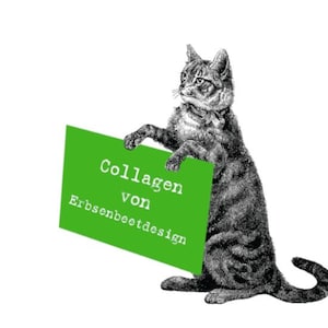 May include: A black and white illustration of a cat holding a green sign that says "Collagen von Erbsenbeetdesign".
