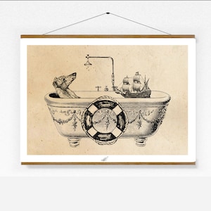 Könnte beinhalten: Eine Schwarzweißillustration eines Hundes in einer Badewanne mit einem Schiff und einem Rettungsring. Der Hund schaut zum Duschkopf.