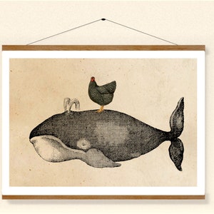 Vintage Print Cottage Decor Chicken and Whale Collage Poster Encyclopedia Wall Decor Chicken Wall Art