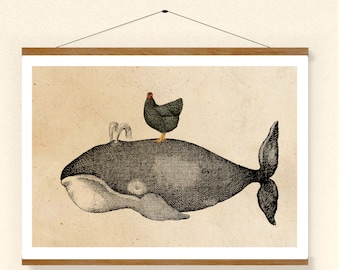 Vintage-style print cottage decor chicken and whale poster