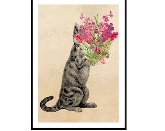 Vintage Print Cat with Bouquet Poster Wall Decoration Wall Art Cat with Flowers Easter Fineline Art Mother's Day Birthday Gift