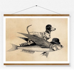 Print Dackel und fliegnder Fisch. Collage Bild Illustration Poster Wanddeko Tierposter Wandkunst Vintage