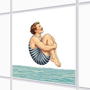 Könnte beinhalten: Eine Illustration im Vintage-Stil zeigt eine Person mit Schnurrbart und lockigem braunem Haar in einem blau-weiß gestreiften Einteiler. Die Figur ist zu einer Kugel zusammengerollt und schwebt über einer strukturierten, hellblauen Meeresoberfläche.