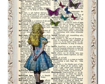 Retro Poster Vintage Alice im Wunderland mit Schmetterlingen Dictionary Wörterbuch Wanddko Wandkunst Poster A4