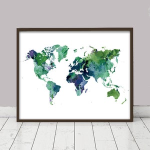 Weltkarte 7 grün  Aquarell Poster Wandbild Wanddekoration Weltkarte Poster world map