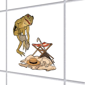 Könnte beinhalten: Eine humorvolle Illustration einer Frosch-Strandszene. Der Frosch hält einen gepunkteten Gegenstand, daneben ein kleiner Klappstuhl, ein Hut und ein Stock. Die Szene wirkt humorvoll und unbeschwert.