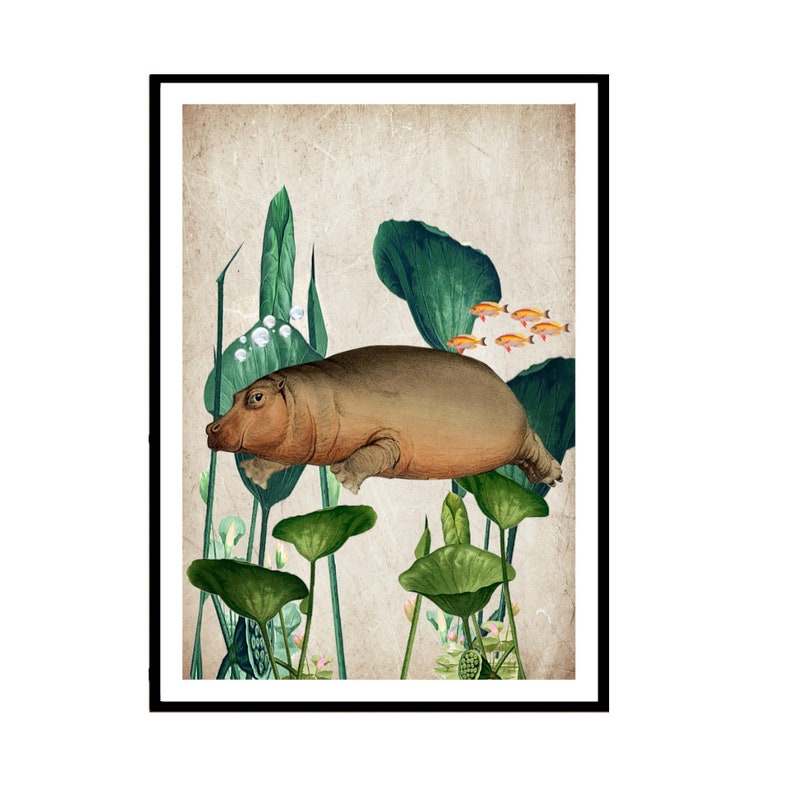 Impresión de hipopótamo de buceo vintage collage imagen ilustración mini cartel decoración de pared arte de pared imagen 1