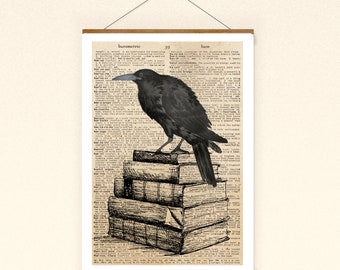 Crow Raven on Books Poster Collage Print Wall Decoration