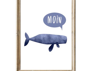 Pode incluir: Uma impressão de aquarela emoldurada de uma baleia azul com um balão de fala que diz "MOIN".