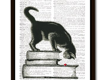 Cat and ladybug vintage print books collage poster wall decoration black cat wall decoration wall art cat poster