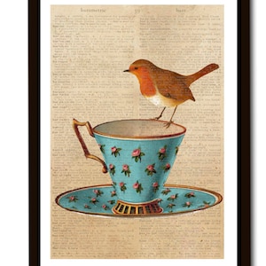 Poster Print Rotkehlchen Vogel Tee Kaffee Collage Illustration Wanddeko Wandkunst Vintage Tierposter Wohnzimmerdeko Poster