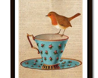 Poster Print Rotkehlchen Vogel Tee Kaffee Collage Illustration Wanddeko Wandkunst Vintage Tierposter Wohnzimmerdeko Poster