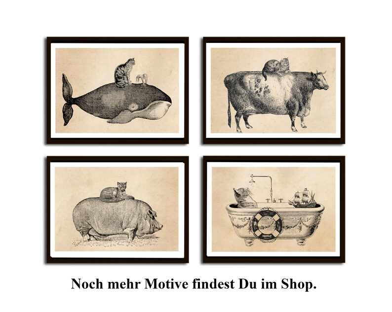 May include: Four black and white illustrations of cats riding various animals. The first image shows a cat riding a whale, the second shows a cat riding a cow, the third shows a cat riding a pig, and the fourth shows a cat riding in a bathtub with a ship.