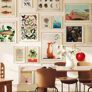May include: A dining room with a white wall featuring a gallery wall of framed prints. The prints include images of fish, butterflies, a fox, a jellyfish, and a red apple. There is a wooden chair and a table with four chairs.
