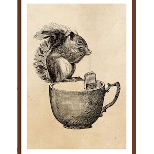 Affiche de Cocktail imprimée Vintage avec écureuil, affiche de fête de thé, décoration murale, Art mural