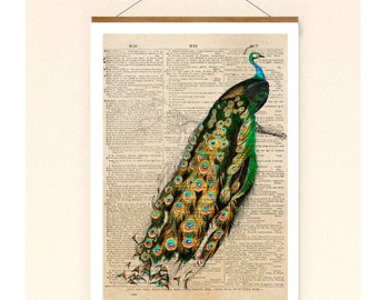 Vintage Retro Print Pfau Dictionary art Collage Poster Vogel Wanddekoration Wandkunst Lexikon