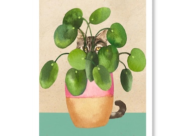 Print cat black lucky coin money tree Pilea UFO plant and houseplant pancake plant art collage poster wall decoration wall art
