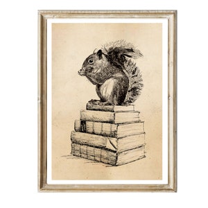 Livre imprimé Vintage, écureuil, livres, affiche, décoration murale, Art mural