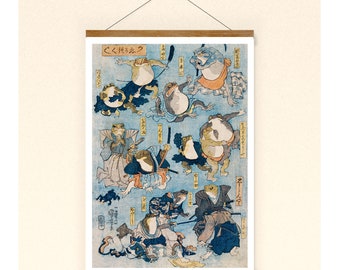 Print Vintage Samurai Frösche Frosch japanische Illustration Holzschnitt Poster Wanddeko  Wandkunst