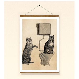 May include: A black and white illustration of two cats. One cat is sitting on a toilet bowl with a chain attached to the cistern. The other cat is standing next to the toilet bowl.