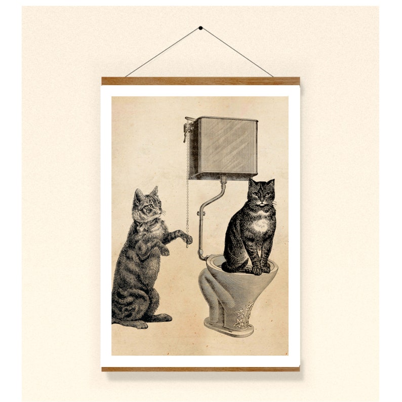 May include: A black and white illustration of two cats. One cat is sitting on a toilet bowl with a chain attached to the cistern. The other cat is standing next to the toilet bowl.