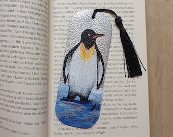 Handgemaltes Lesezeichen -  auf Leder gemalt - Pinguin