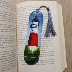 Handgemaltes Lesezeichen auf Leder gemalt Leuchtturm Bild 2