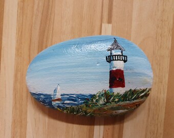 painted stone - lighthouse - handmade