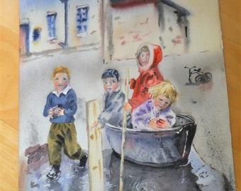 Bild, Gemälde, Aquarell mit spielenden Kindern,