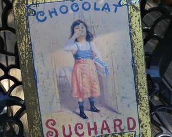 Vieja caja de chocolate Suchard, lata, Francia, shabby chic