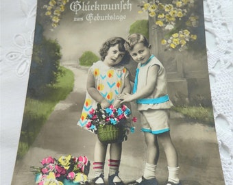 Alte Glückwunschkarte, Geburtstag, coloriert, von 1942