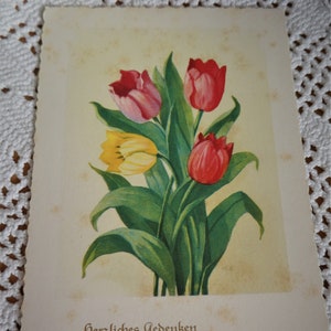 Wenskaart, oude wenskaart, origineel vintage, met tulpen
