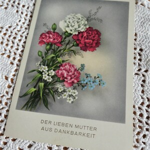 Ancienne carte de vœux, carte de remerciement à maman, œillets, myosotis, fête des mères