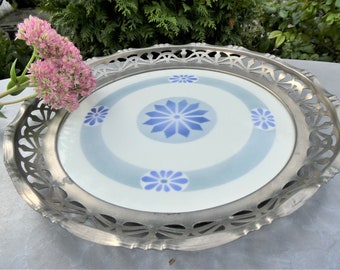 Antique tray, Art Nouveau, Art deco, tray with ceramic and metal, fruit plate, bowl, blue and white, country style