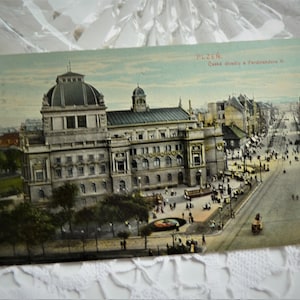 Pilsen, antike Ansichtskarte, Grußkarte, Postkarte, Pilsen 1911,Ceské divadlo a Ferdinandova trida, Lithografie, Böhmen