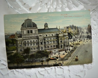 Pilsen, antike Ansichtskarte, Grußkarte, Postkarte, Pilsen 1911,Ceské divadlo a Ferdinandova trida, Lithografie, Böhmen