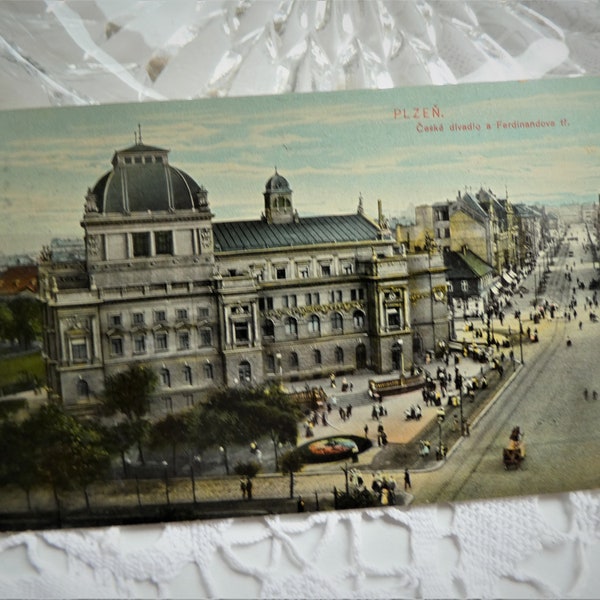 Pilsen, antike Ansichtskarte, Grußkarte, Postkarte, Pilsen 1911,Ceské divadlo a Ferdinandova trida, Lithografie, Böhmen