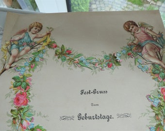 Antikes Bild mit Oblaten, Glanzbildern, Collage, Schmuckblatt mit Geburtstagsgruß, Gedicht, Jugendstil