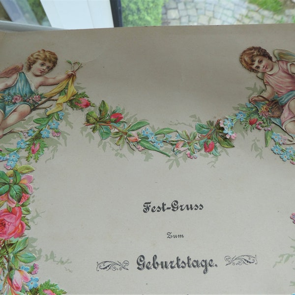 Antikes Bild mit Oblaten, Glanzbildern, Collage, Schmuckblatt mit Geburtstagsgruß, Gedicht, Jugendstil