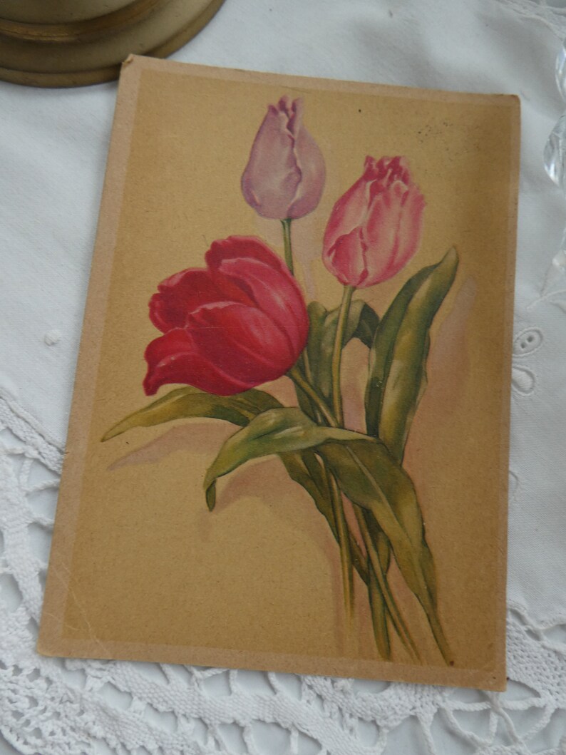 Alte Grußkarte mit Tulpen an das Hochzeitshaus Diercks in St. Michaelisdonn/Holstein 1944, Helmi und Rudi Bild 2