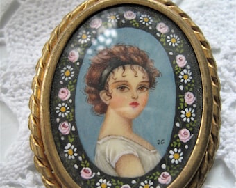 Brooch, antique brooch, magnifying glass painting, antique jewelry, vintage jewelry