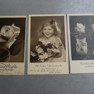 Drie wenskaarten, vintage, zwart-wit, verjaardagsgroeten aan ene juffrouw Tomaschewski in Fürth