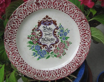 Antiker Teller um 1900, Schablonendekor, Spruchteller, Bete und arbeite, Villeroy und Boch