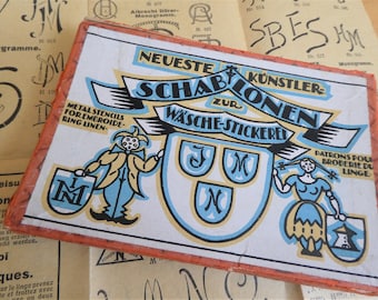 Old linen stencils, monogram stencils for lingerie embroidery, incl. original packaging and typefaces