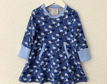 Kleid für Mädchen Baumwolljersey, Motiv: Mondschein, jeansblau